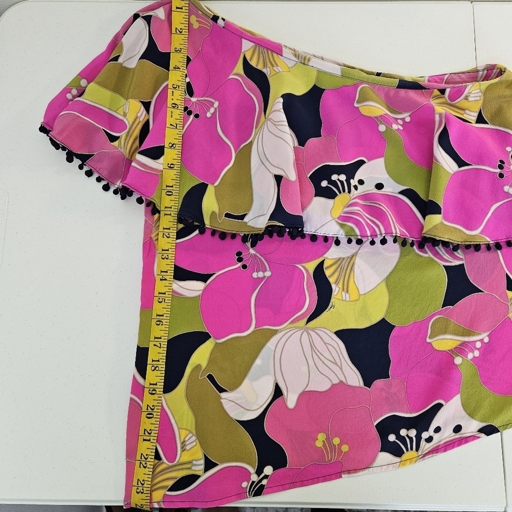 Trina Turk Kahe One Shoulder Floral Silk Top With Ruffle Overlay *Pink Spots* M - Picture 14 of 14